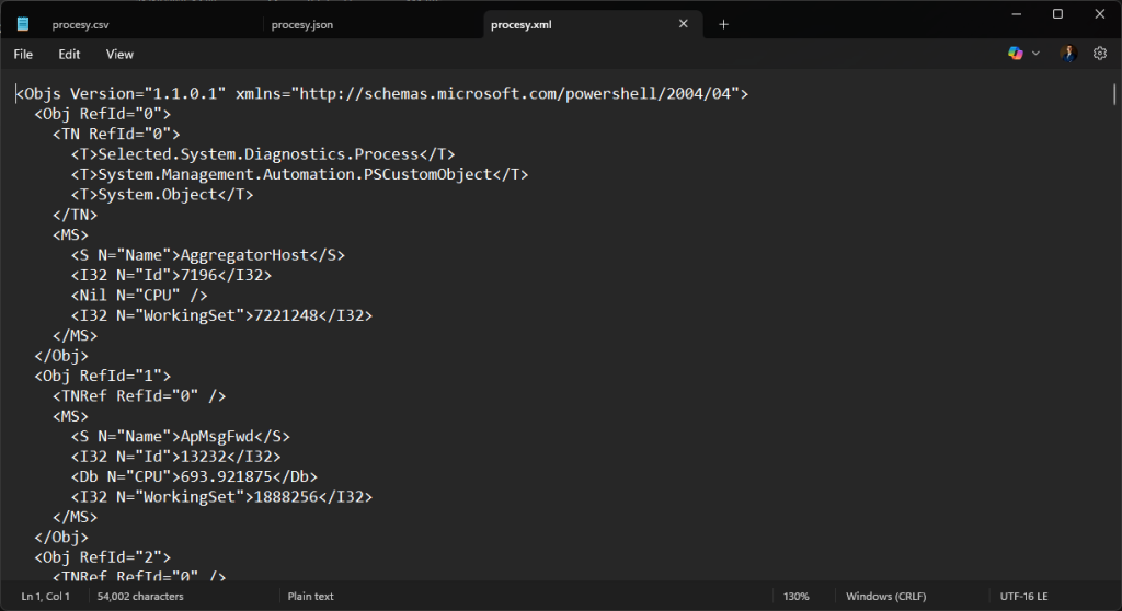Wygląd danych w formacie xml