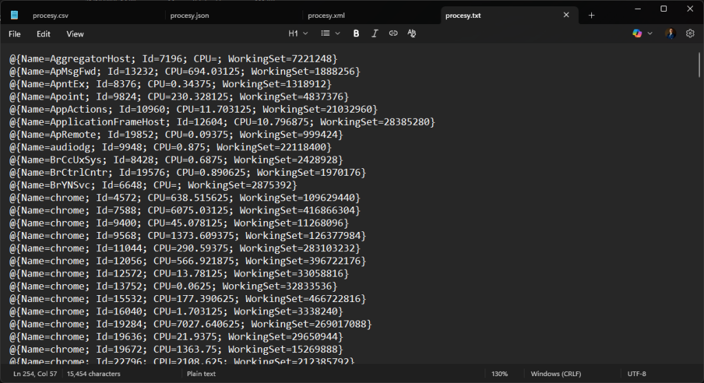 Wygląd danych w formacie txt