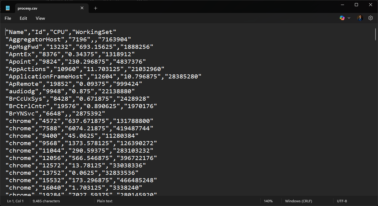 Wygląd pliku csv po zapisie