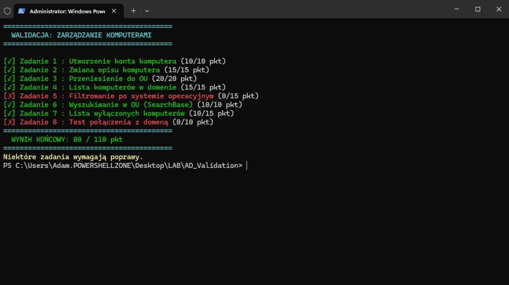 PowerShell dla Administratora Active Directory - Domena - konto komputera - walidacja zadań PowerShell dla Administratora Active Directory - Domena - konto komputera - walidacja zadań